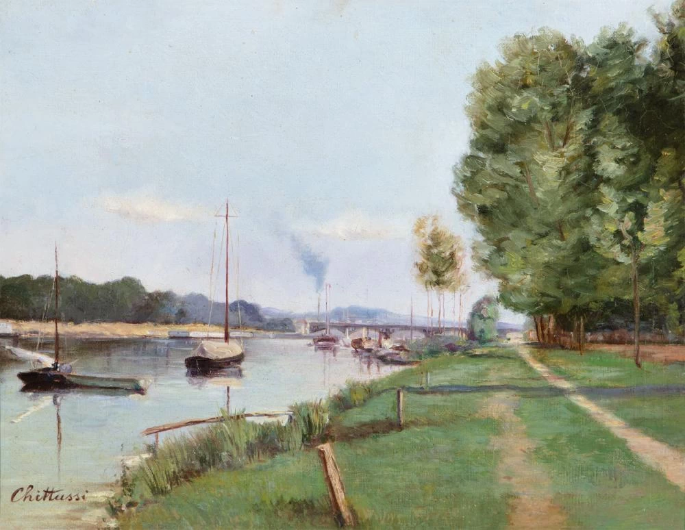 Paesaggio francese con un fiume e un ponte